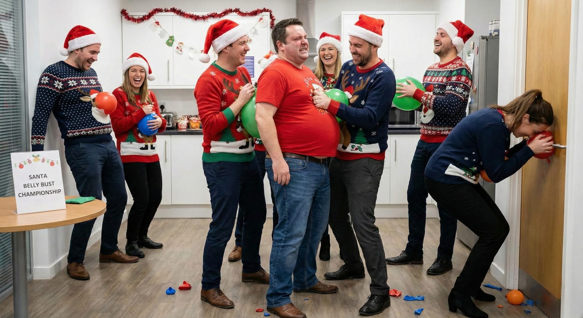 Employees hilariously trying to burst balloons stuffed under their shirts in the Santa Belly Bust game