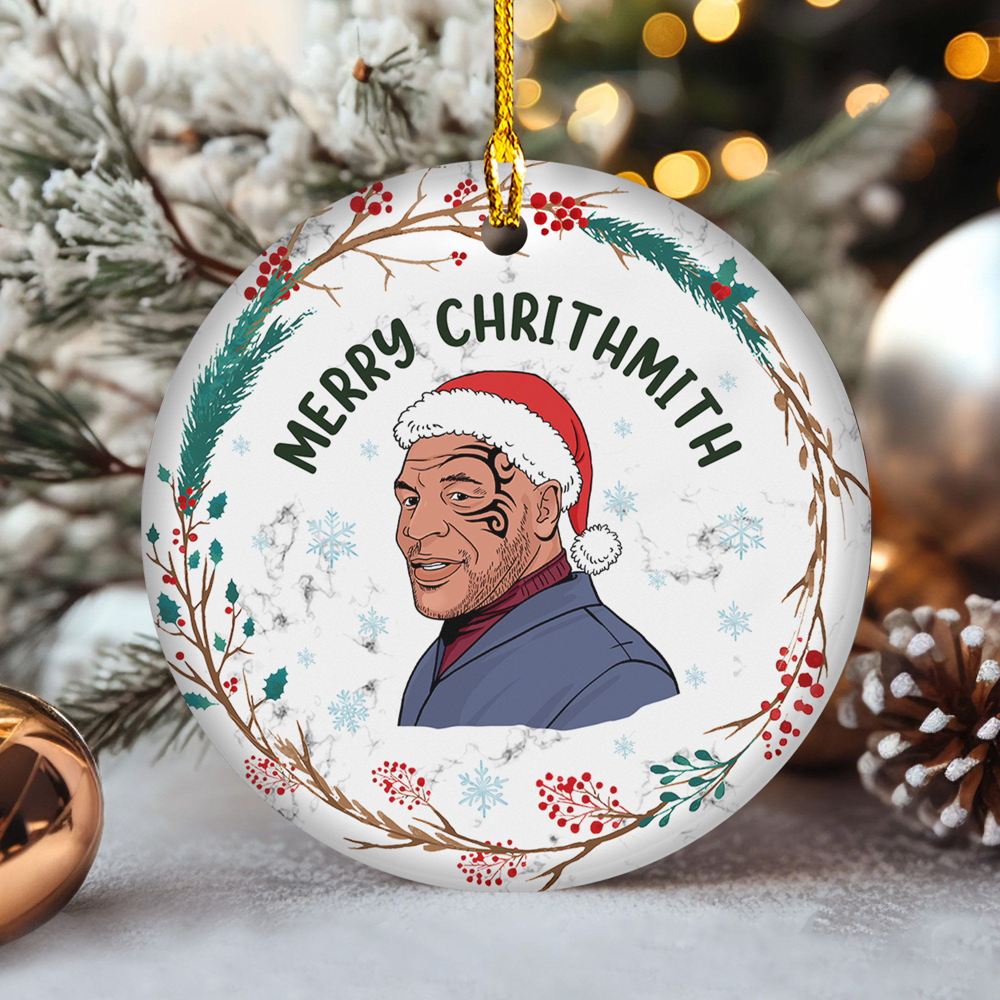 Merry Chrithmith Christmas Mike Tyson Cartoon Ceramic Ornament