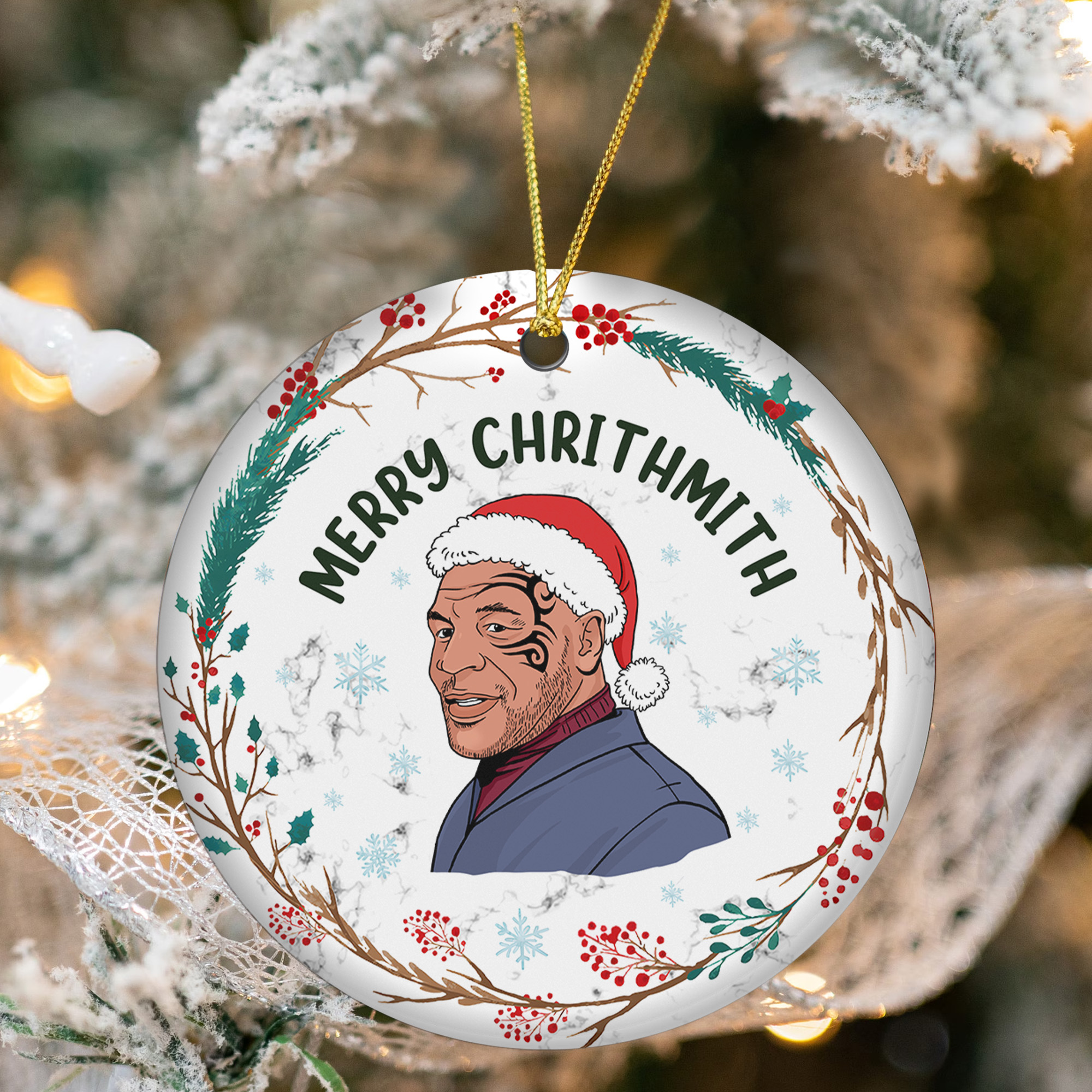 Merry Chrithmith Christmas Mike Tyson Cartoon Ceramic Ornament