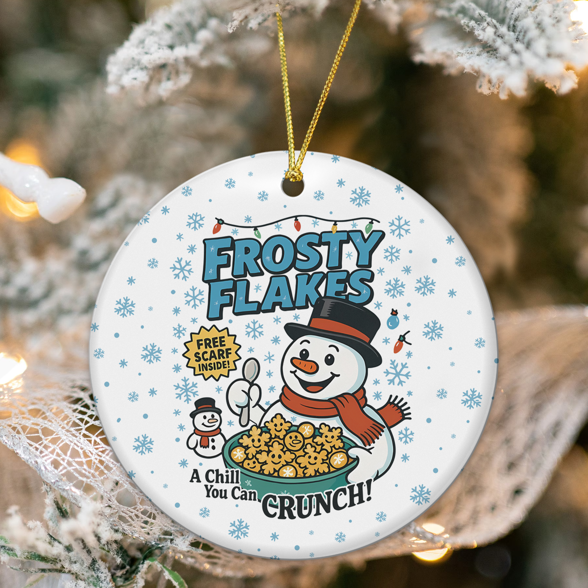Frosty Flakes Retro Christmas Cereal Scarf Inside Ceramic Ornament