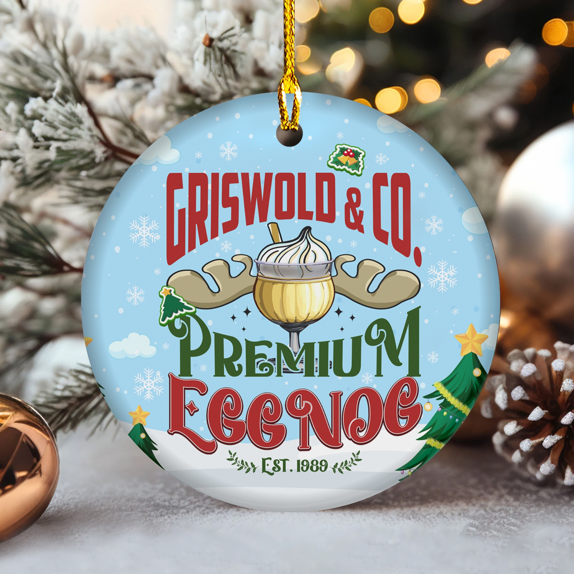 Griswold & Co Premium Eggnog Est 1989 Christmas Antler Ceramic Ornament Griswold & Co Premium Eggnog Est 1989 Christmas Antler Ceramic Ornament