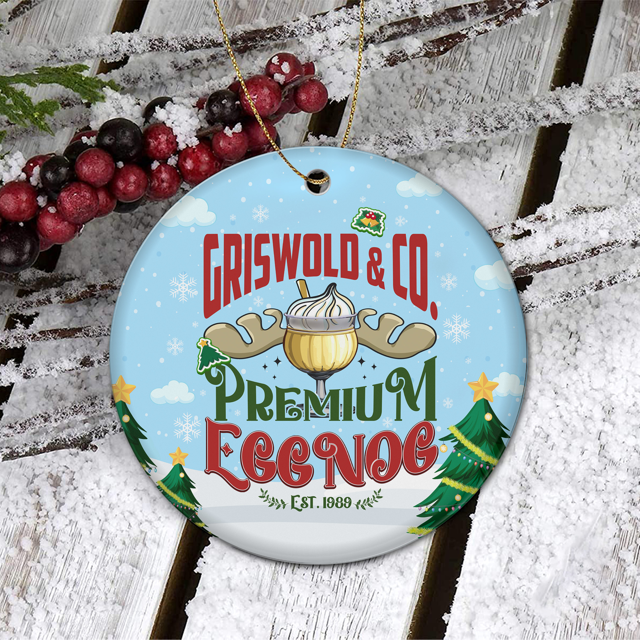 Griswold & Co Premium Eggnog Est 1989 Christmas Antler Ceramic Ornament
