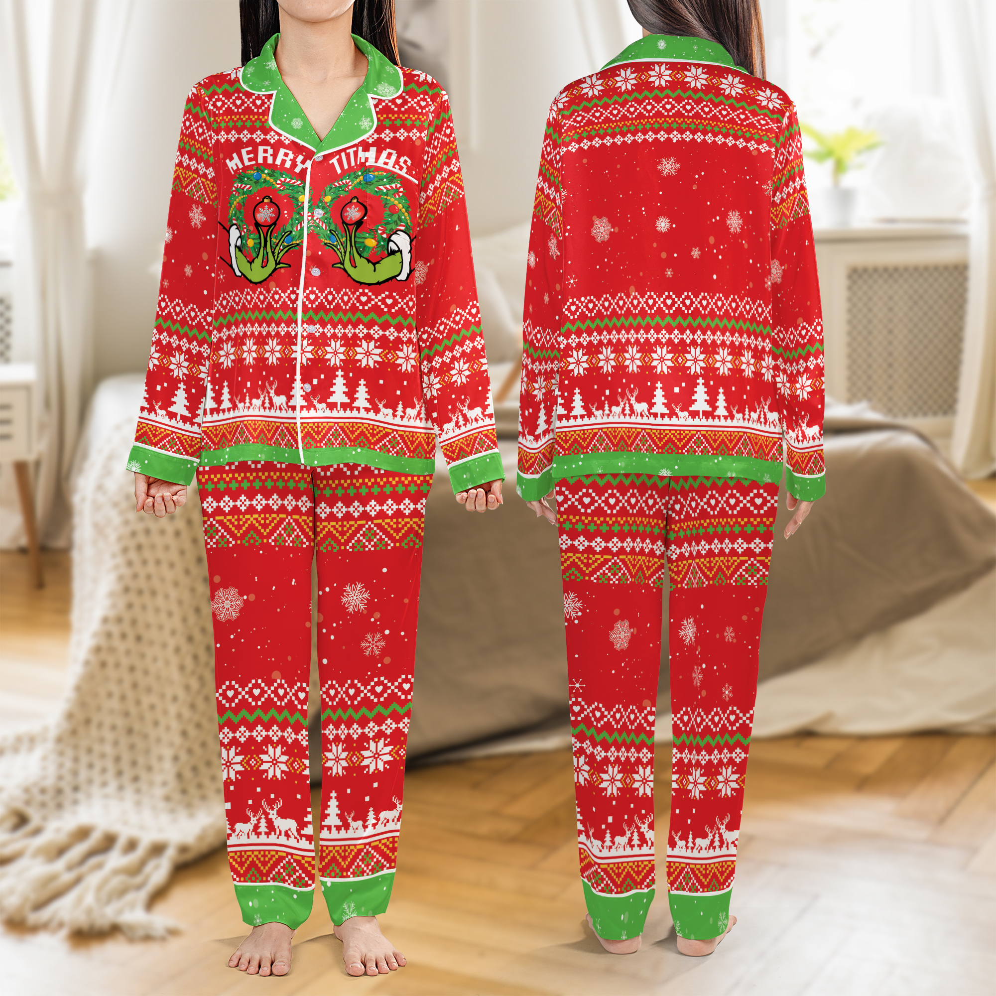 Grinch Merry Grinchmas Women’s Holiday Sleepwear Satin Pajamas