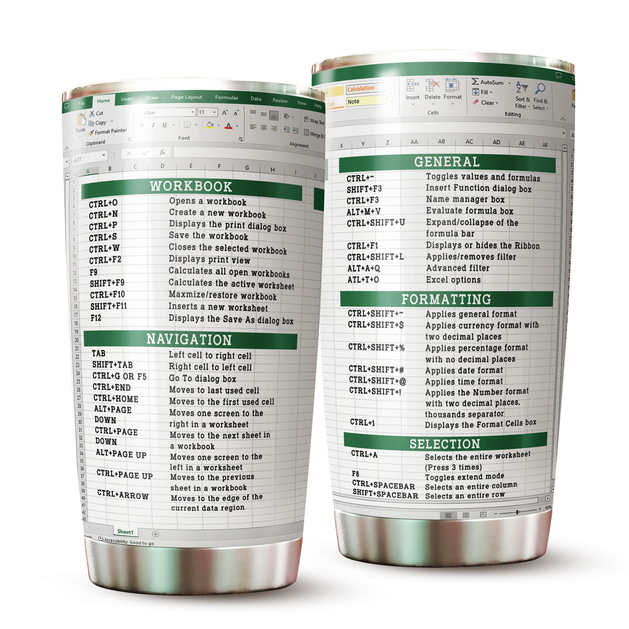 Excel Shortcuts Guide Tumbler Stainless Steel Double Wall Insulated