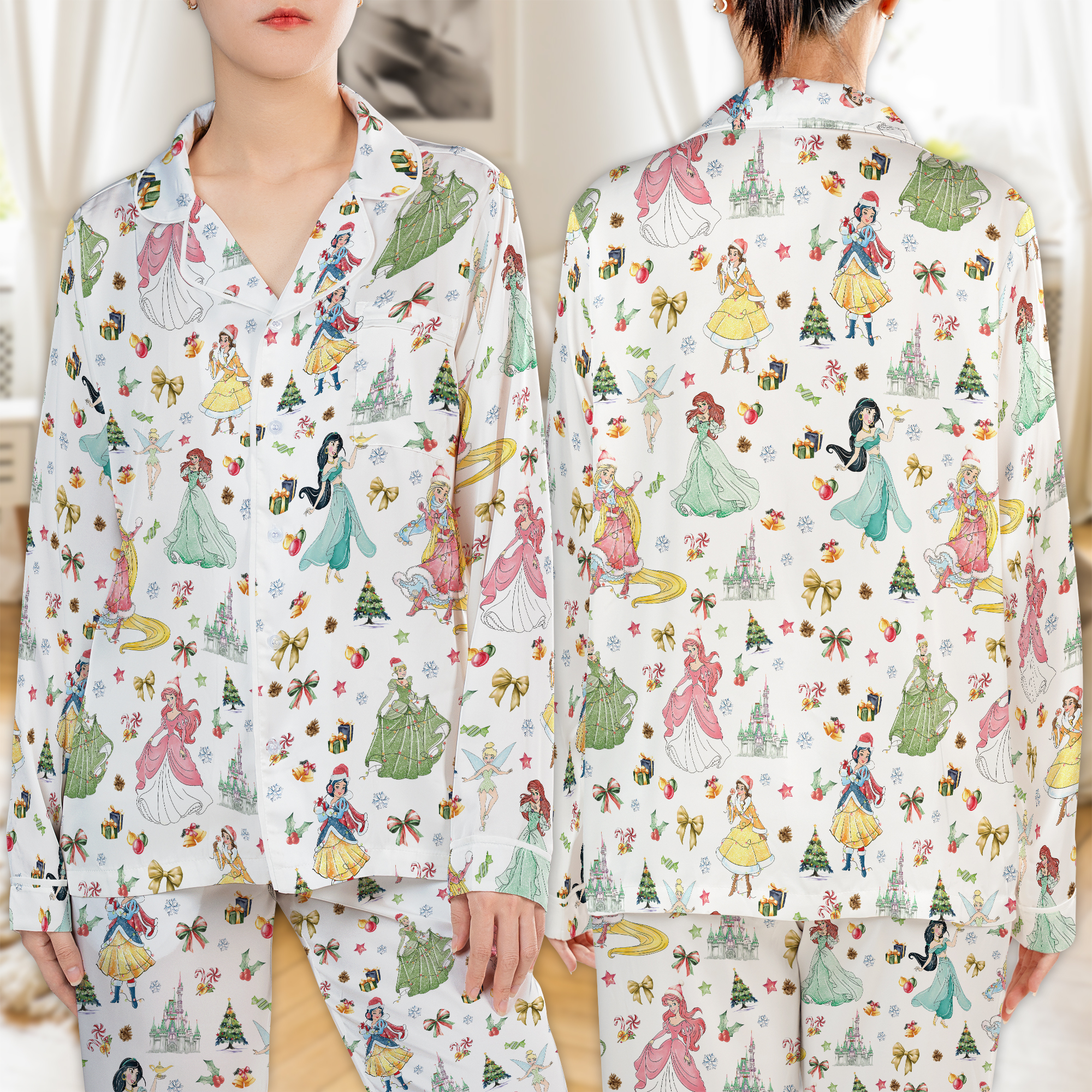 Disney Princess Christmas Watercolor Satin Pajamas