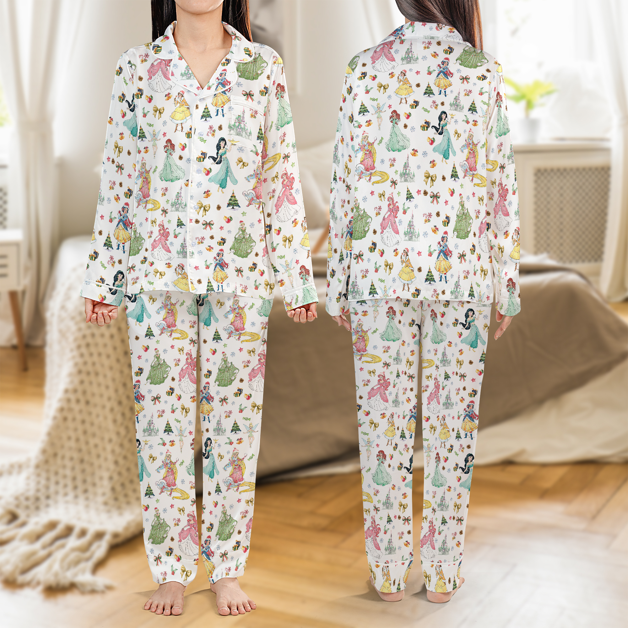 Disney Princess Christmas Watercolor Satin Pajamas