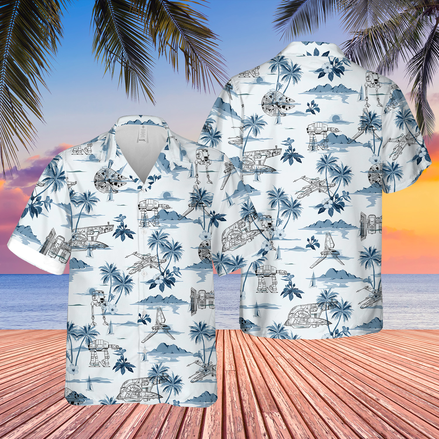 Sci-Fi Spaceships Mech Walkers Tropical Island Hawaiian Shirt
