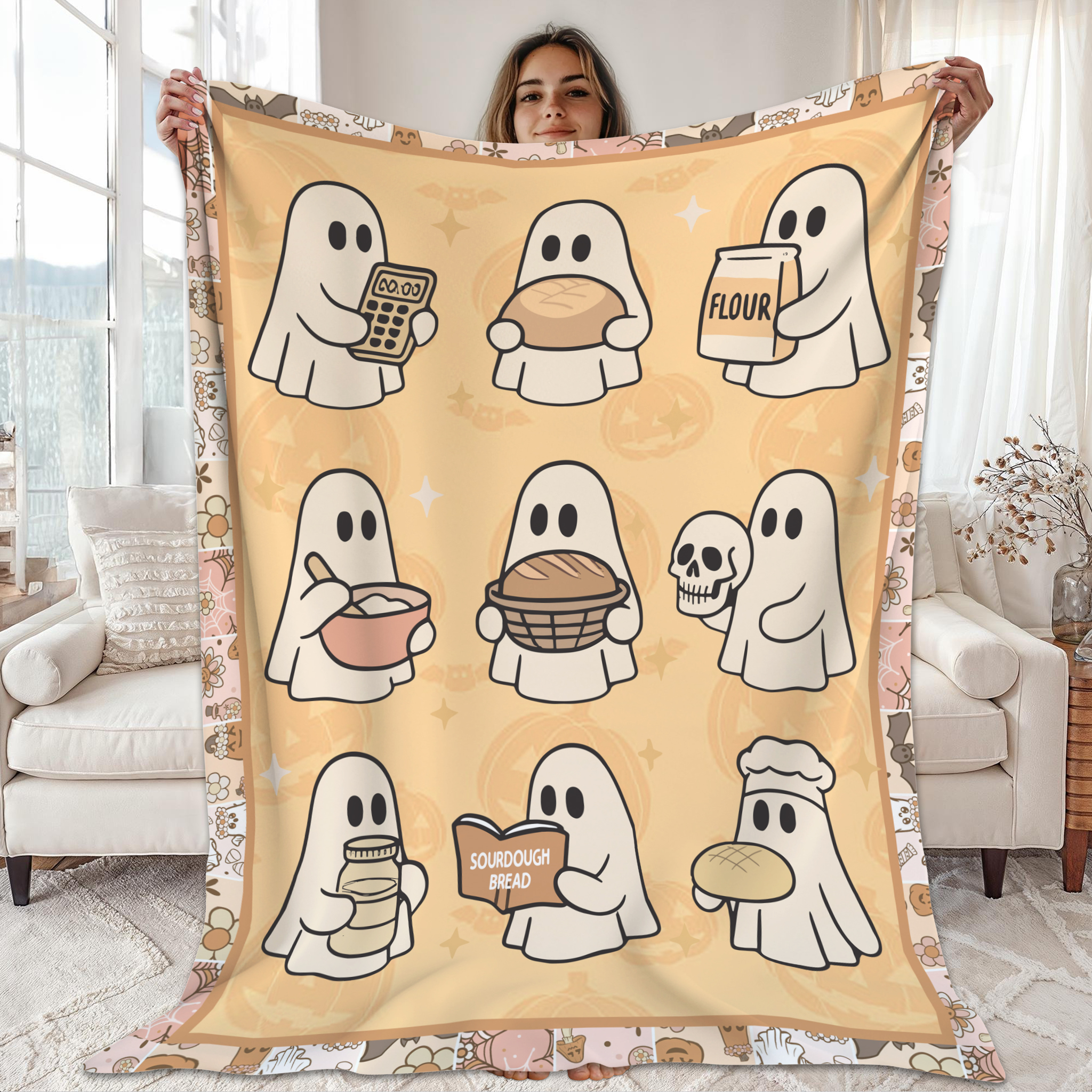 Sourdough Bread Halloween Ghosts Funny Baker Fleece Blanket