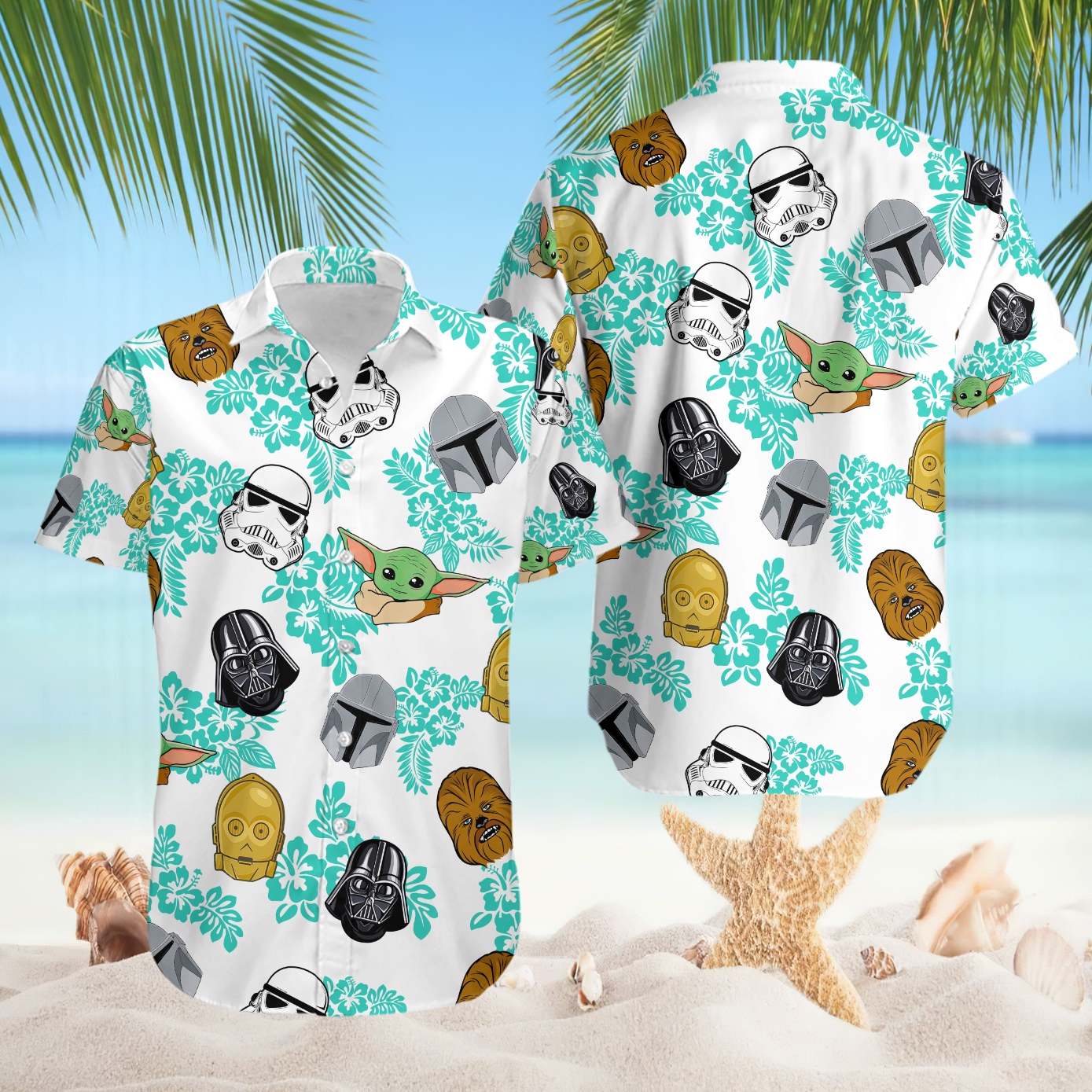 Star Wars Grogu Vader Stormtrooper Tropical Hibiscus Hawaiian Shirt
