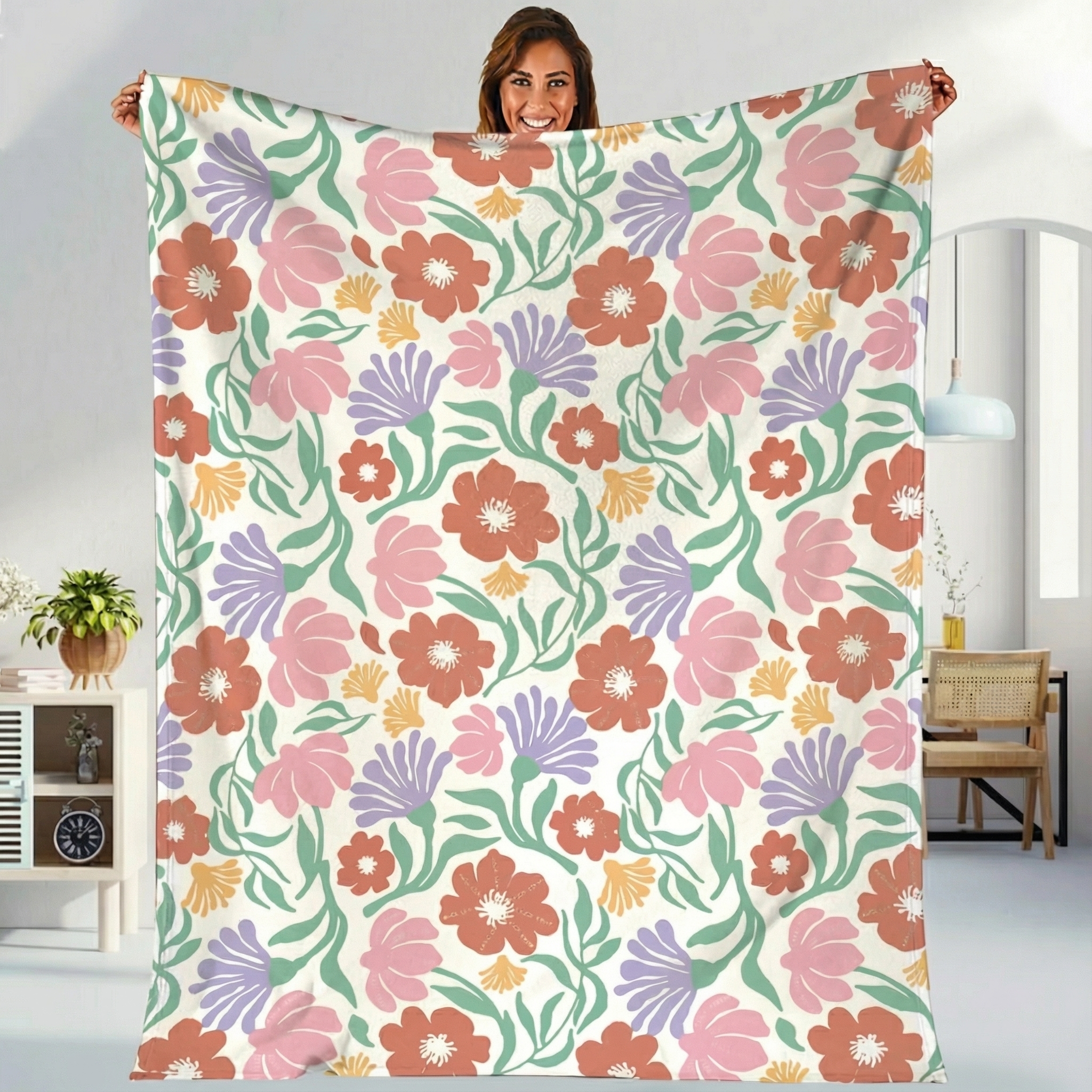Vintage Colorful Floral Pattern Aesthetic Fleece Blanket