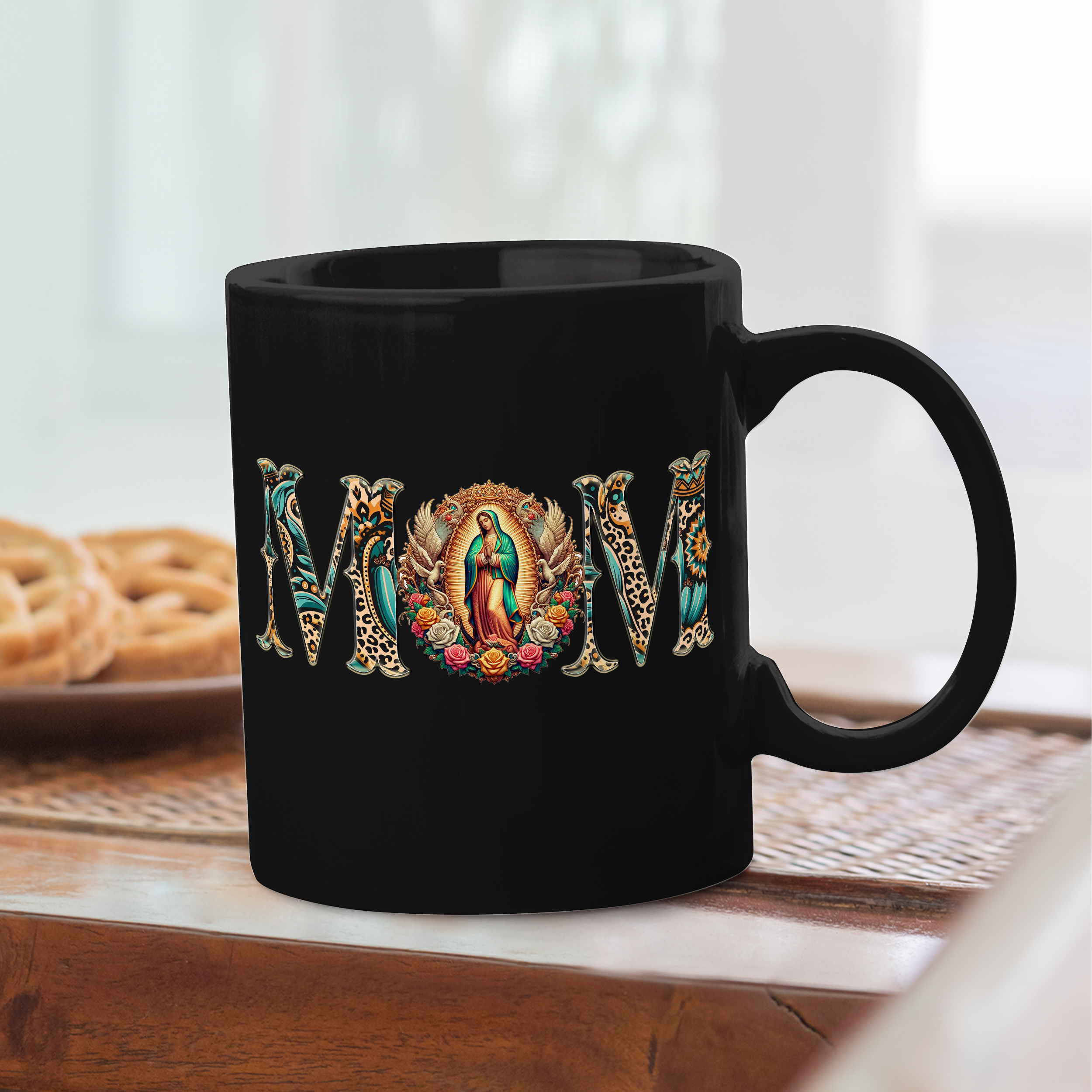 Mexican Mom – Virgen de Guadalupe Floral Black Mugs