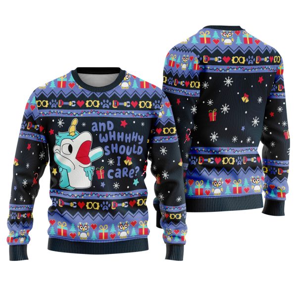 Unicorn And Whhhhy Should I Care Funny Cartoon Holiday Ugly Xmas Sweater