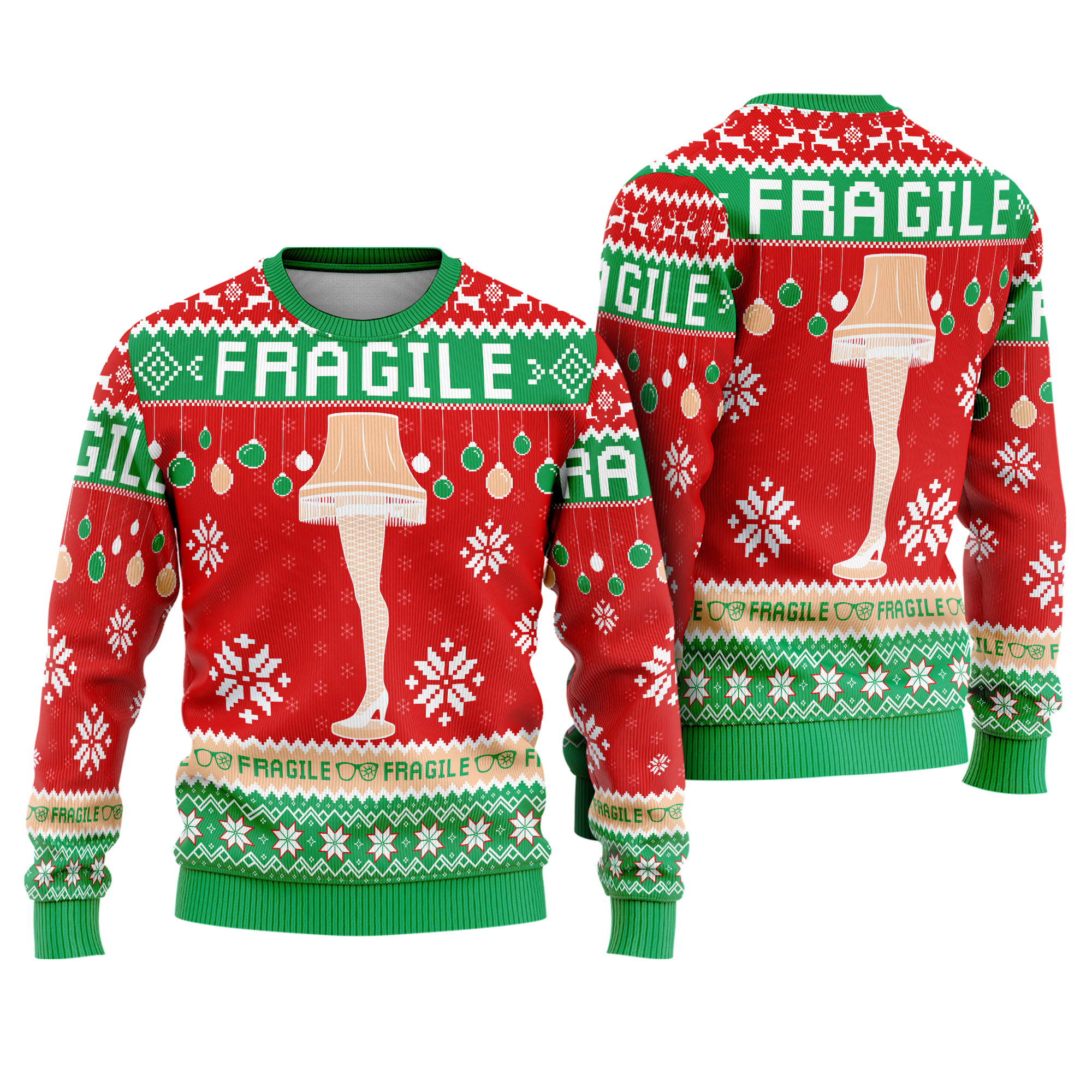Fragile Leg Lamp From A Christmas Story Funny Snowflakes Pattern Ugly Xmas Sweater
