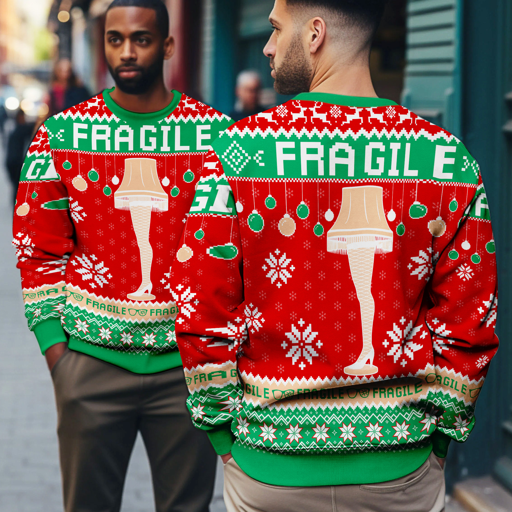 Fragile Leg Lamp From A Christmas Story Funny Snowflakes Pattern Ugly Xmas Sweater