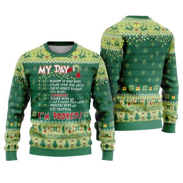 The Grinch My Day Im Booked Funny Schedule Christmas Pattern Ugly Xmas Sweater