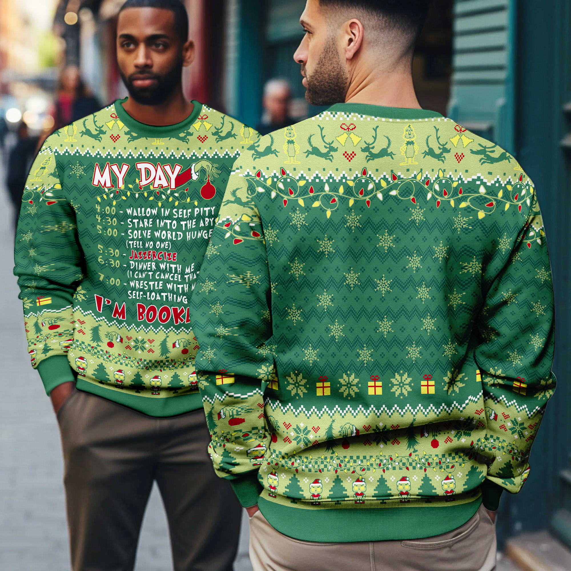 The Grinch My Day Im Booked Funny Schedule Christmas Pattern Ugly Xmas Sweater