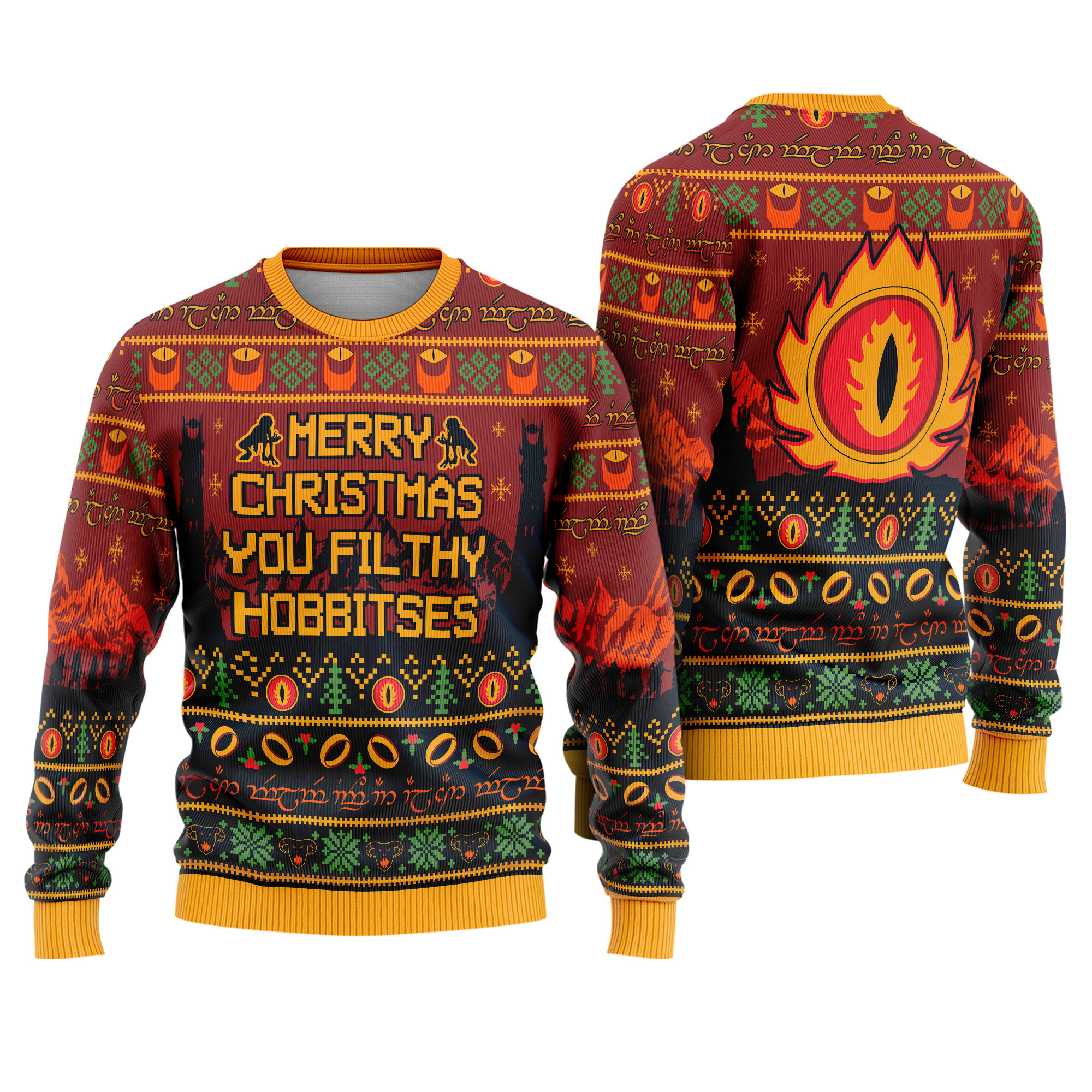 Lord of the Rings Merry Christmas You Filthy Hobbitses Sauron Eye & One Ring Pattern Ugly Xmas Sweater