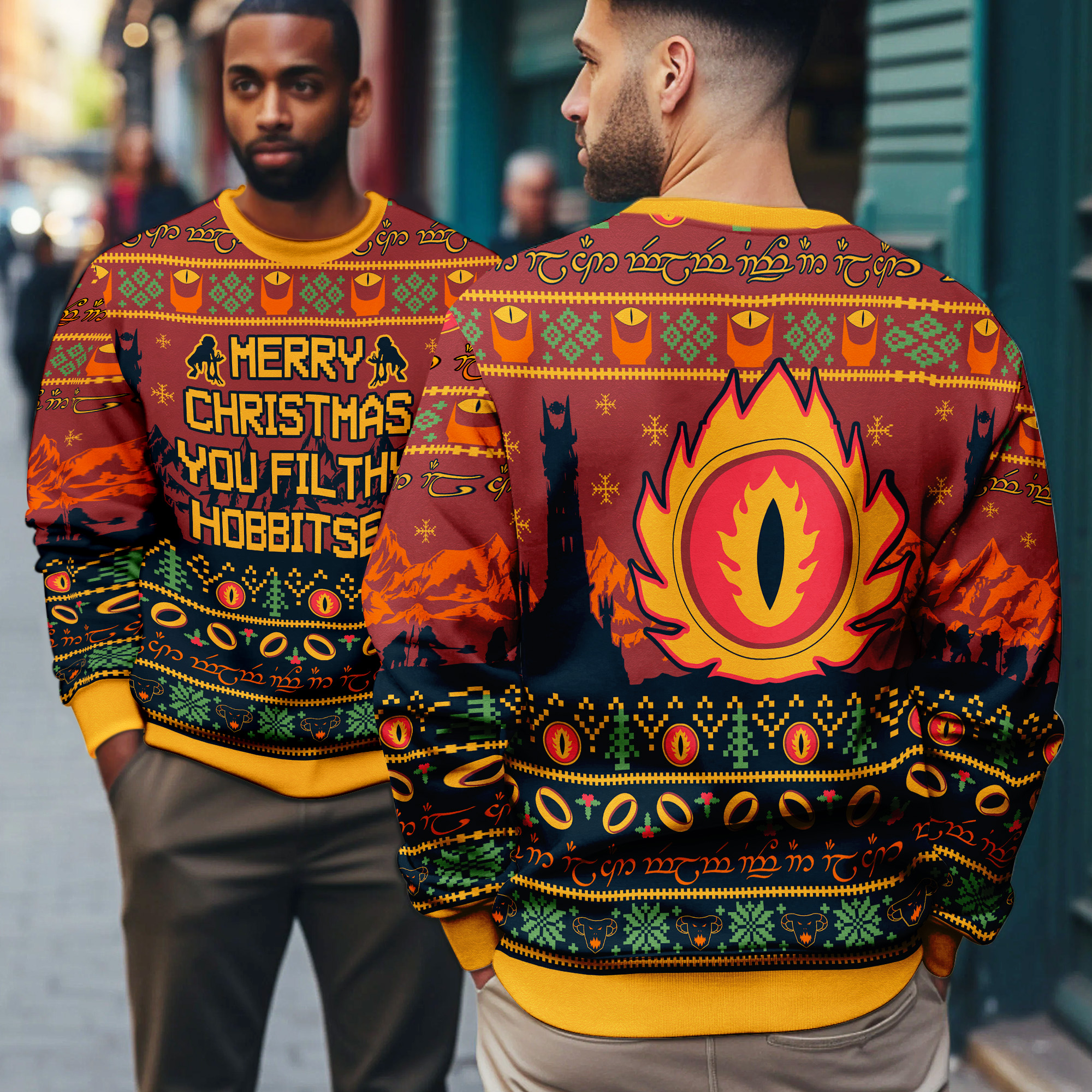 Lord of the Rings Merry Christmas You Filthy Hobbitses Sauron Eye & One Ring Pattern Ugly Xmas Sweater