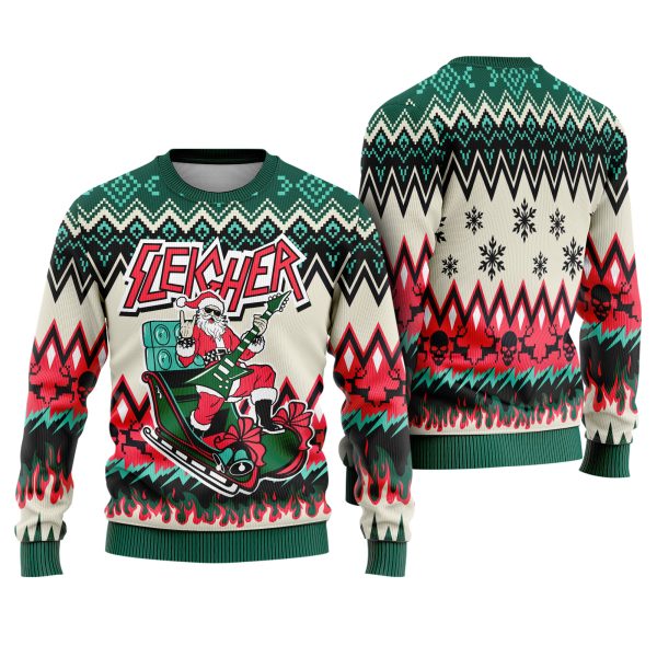 Santa Sleigher Metal Rock Guitar Santa Claus Flames Ugly Xmas Sweater