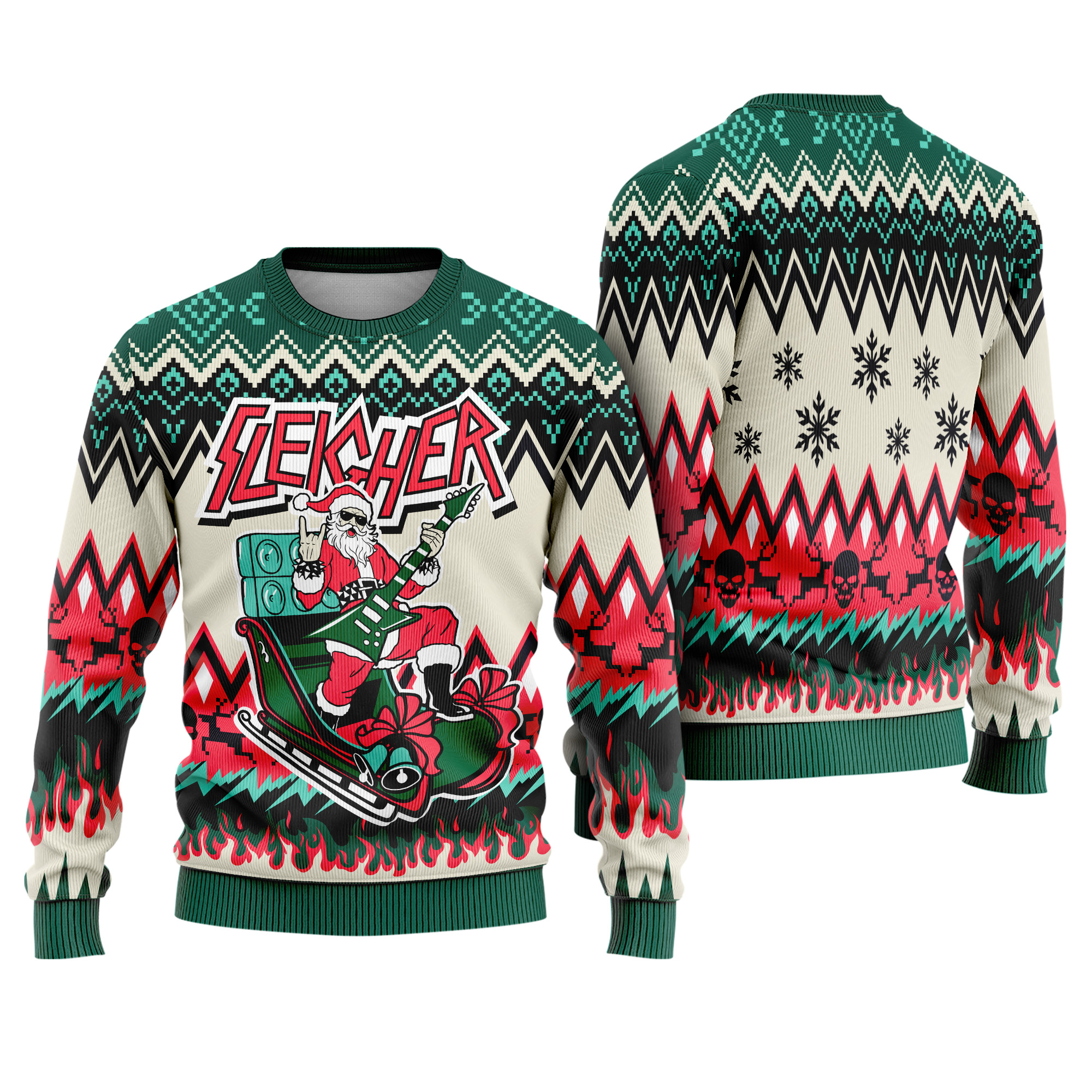 Santa Sleigher Metal Rock Guitar Santa Claus Flames Ugly Xmas Sweater Santa Sleigher Metal Rock Guitar Santa Claus Flames Ugly Xmas Sweater