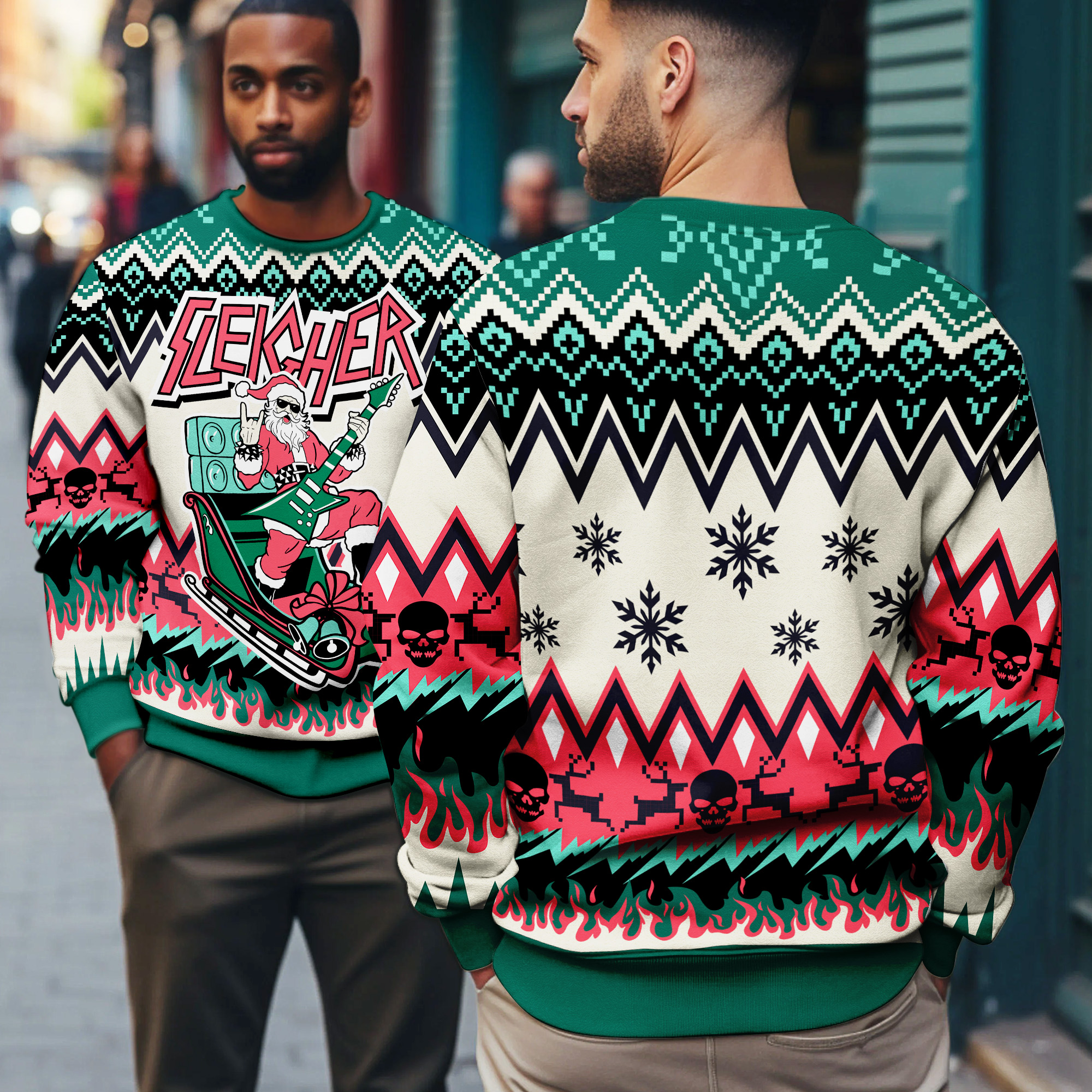 Santa Sleigher Metal Rock Guitar Santa Claus Flames Ugly Xmas Sweater