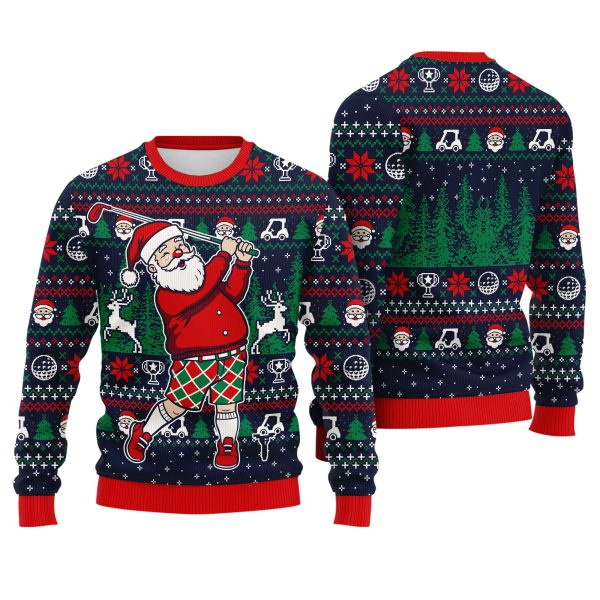 Santa Golf Swing Christmas Golf Cart Trophy Pattern Funny Sports Holiday Ugly Xmas Sweater