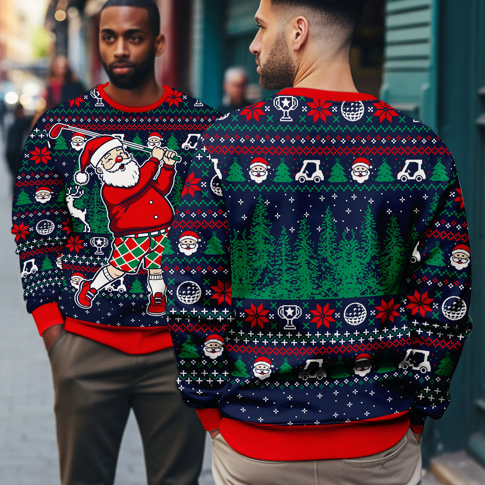 Santa Golf Swing Christmas Golf Cart Trophy Pattern Funny Sports Holiday Ugly Xmas Sweater