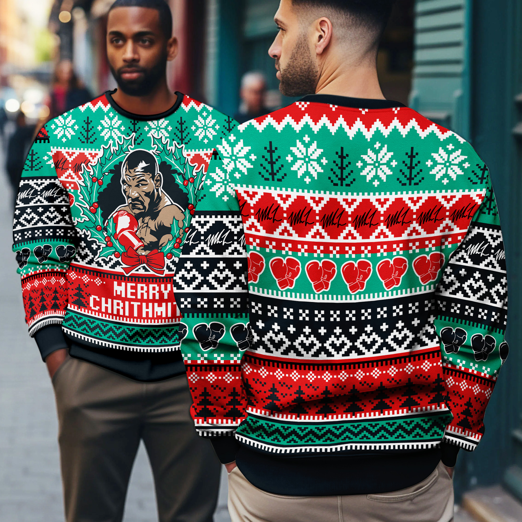 Merry Chrithmith Mike Tyson Funny Boxer Wreath Holiday Ugly Xmas Sweater