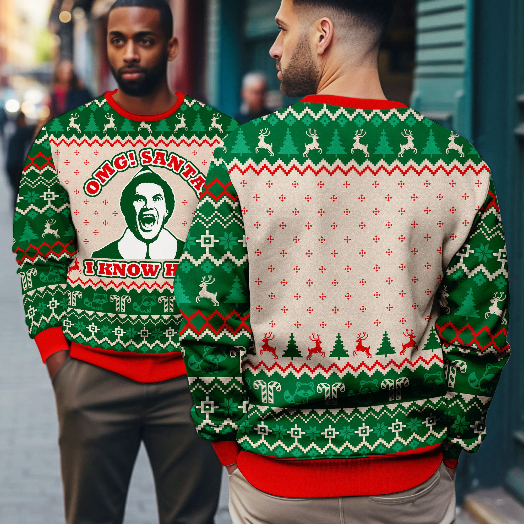 Buddy The Elf OMG Santa I Know Him Quote Funny Holiday Ugly Xmas Sweater