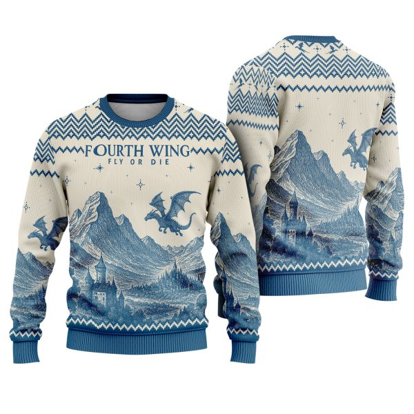 Fourth Wing Fly Or Die Dragon Riders Fantasy Castle Landscape Ugly Xmas Sweater