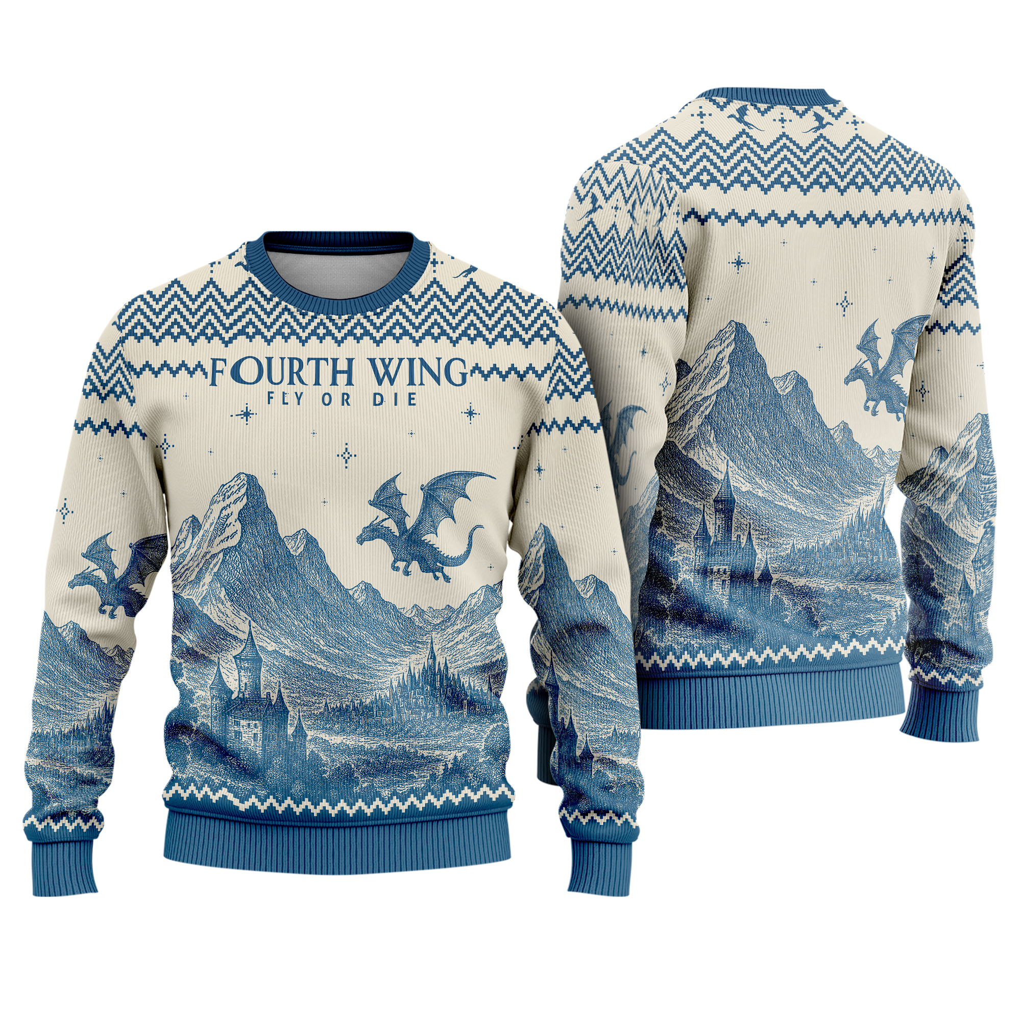 Fourth Wing Fly Or Die Dragon Riders Fantasy Castle Landscape Ugly Xmas Sweater