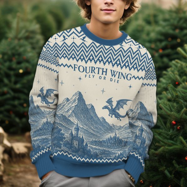 Alternative view of Fourth Wing Fly Or Die Dragon Riders Fantasy Castle Landscape Ugly Xmas Sweater