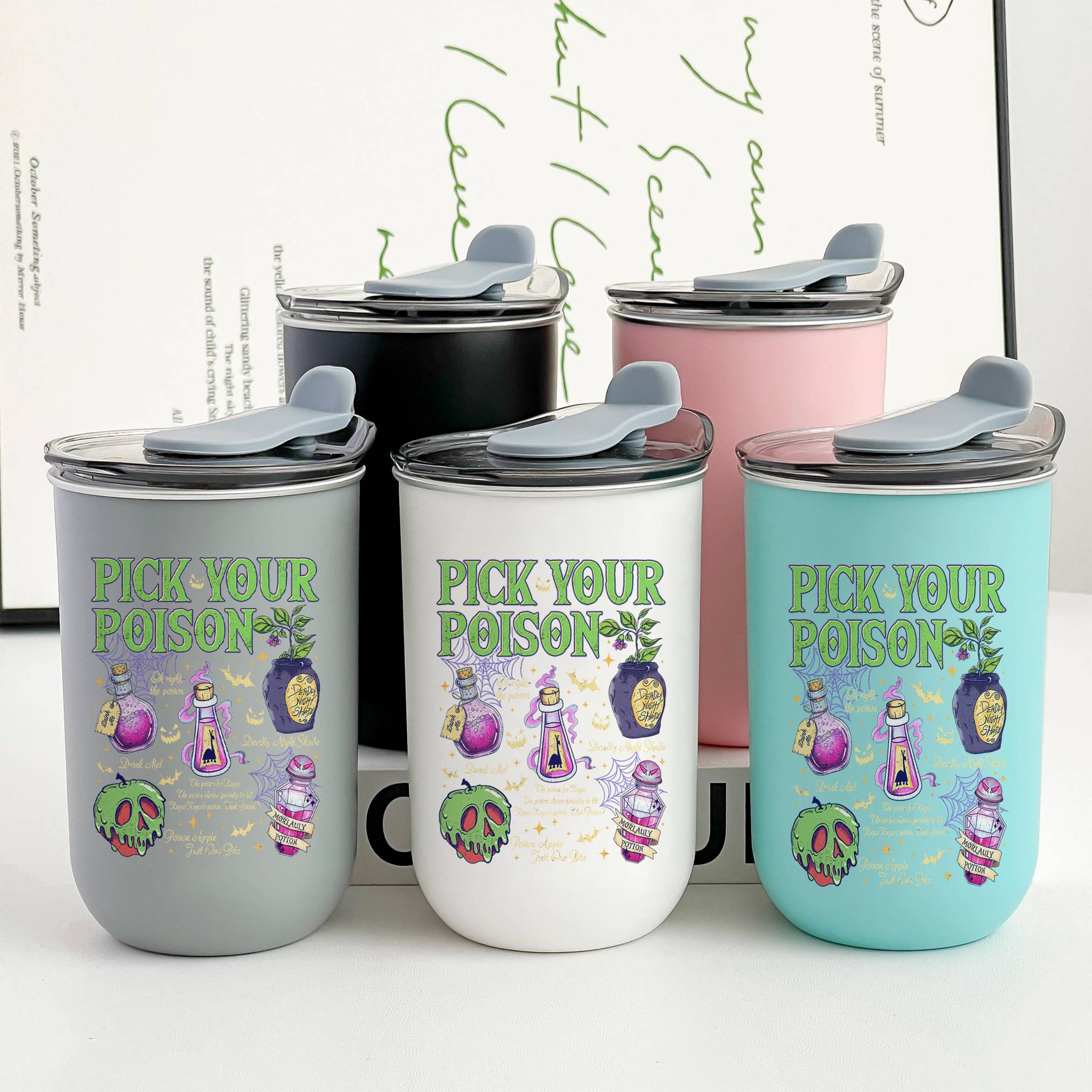 Pick Your Poison Spooky Potion Bottle Halloween Theme Wine Tumbler