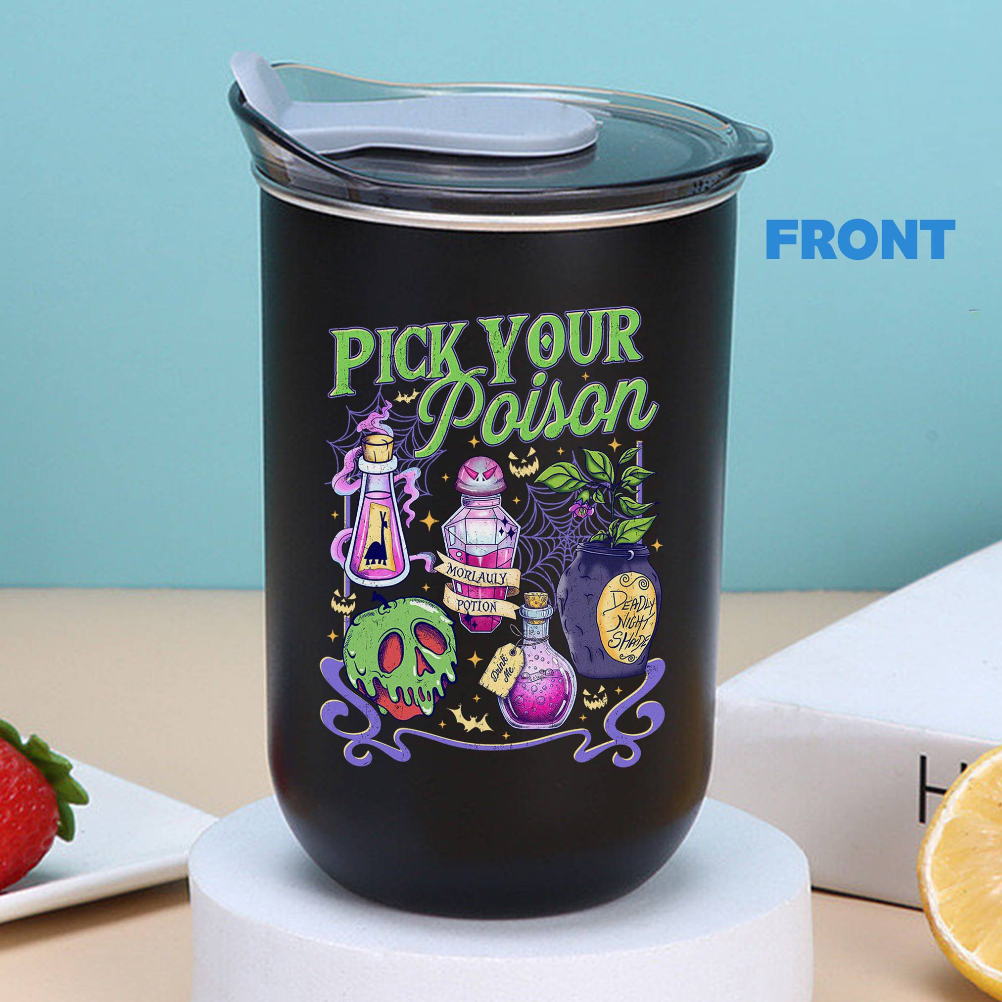 Pick Your Poison Spooky Potion Bottle Halloween Theme Wine Tumbler