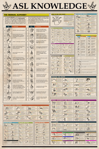 ASL Knowledge Poster American Sign Language Alphabet Phrases Numbers Vocabulary Chart Wall Art
