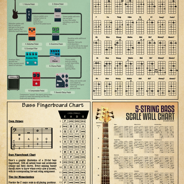 Bass Knowledge Poster Bass Guitar Chords Fingerboard Effects Pedals Scale Guide Wall Art