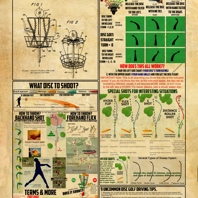 Disc Golf Knowledge Poster Disc Flight Chart Throwing Techniques Shot Types Driving Tips Guide Wall Art
