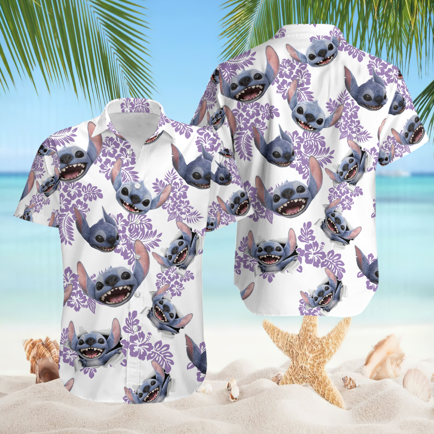 Disney Stitch Smiling Faces Aloha Vacation Island Theme Hawaiian Shirt