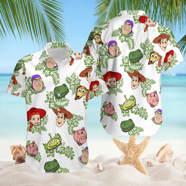 Disney Toy Story Classic Characters Faces Green Leaf Aloha Theme Hawaiian Shirt