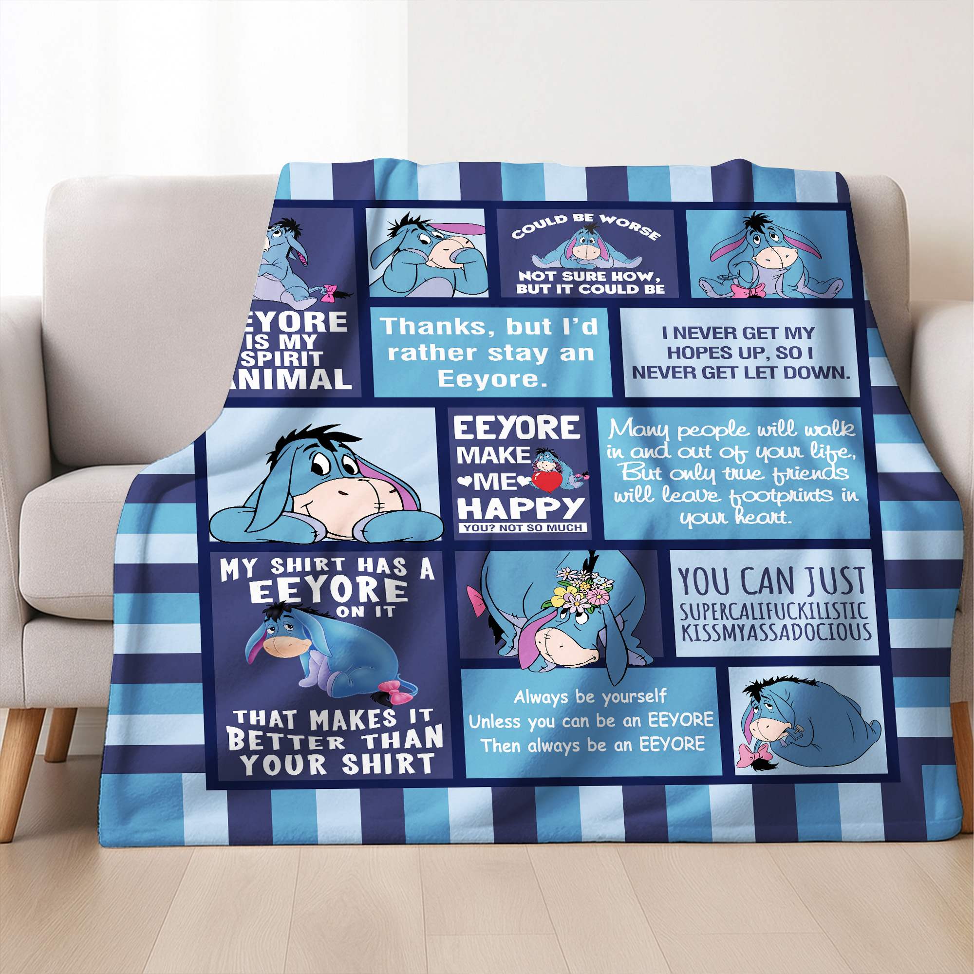 Eeyore Quotes Winnie the Pooh Disney Blue Patchwork Fleece Blanket