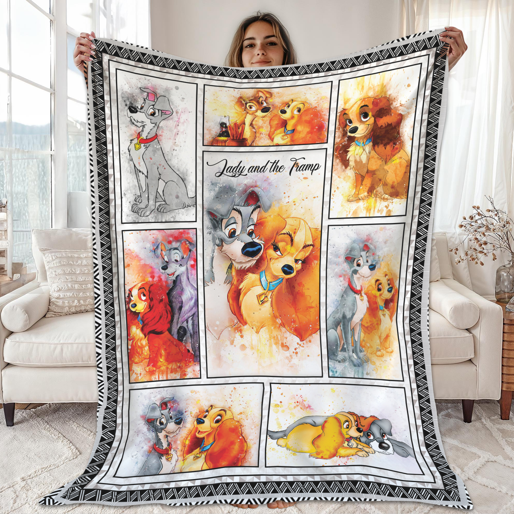 Lady and the Tramp Disney Romantic Dogs Watercolor Fleece Blanket Lady and the Tramp Disney Romantic Dogs Watercolor Fleece Blanket