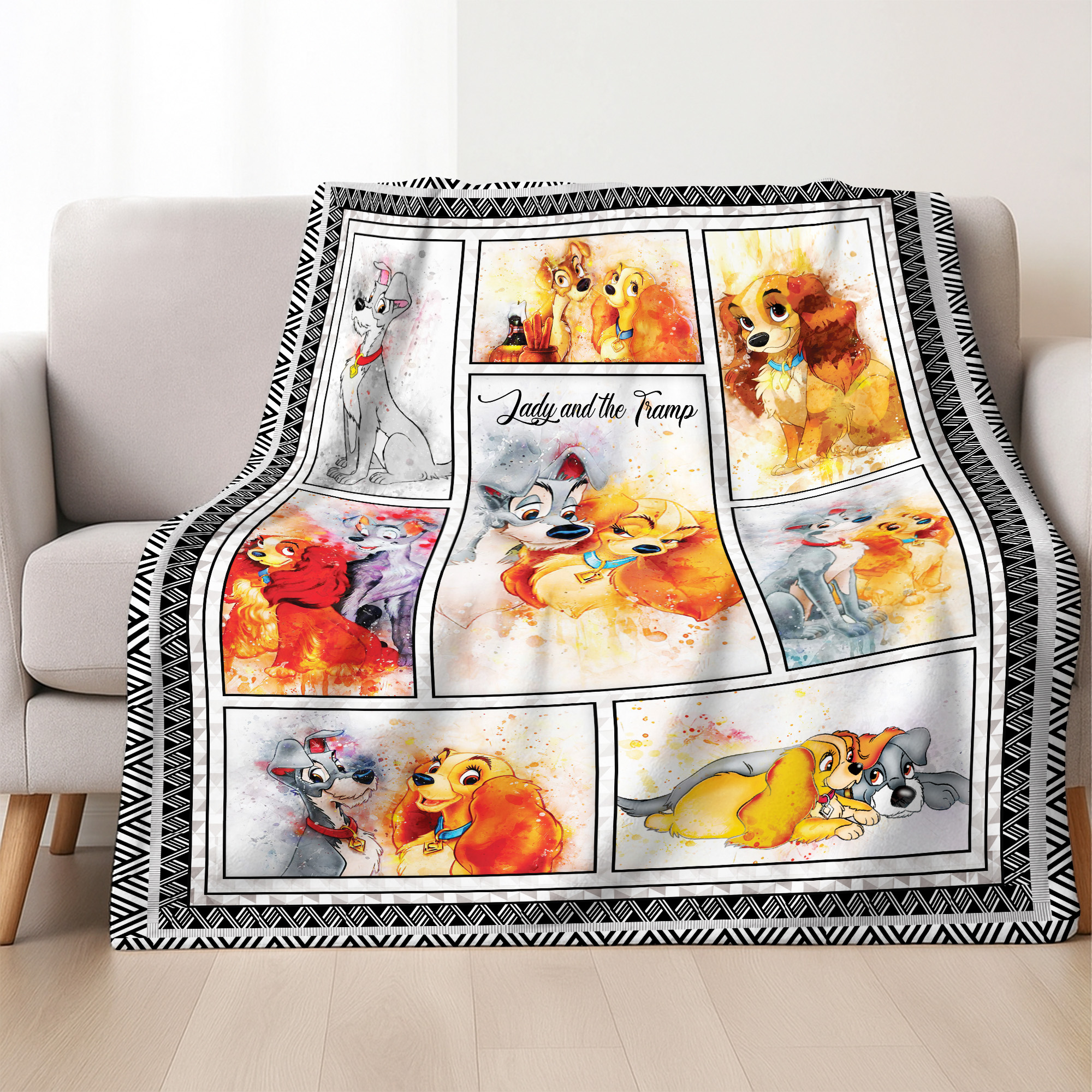 Lady and the Tramp Disney Romantic Dogs Watercolor Fleece Blanket