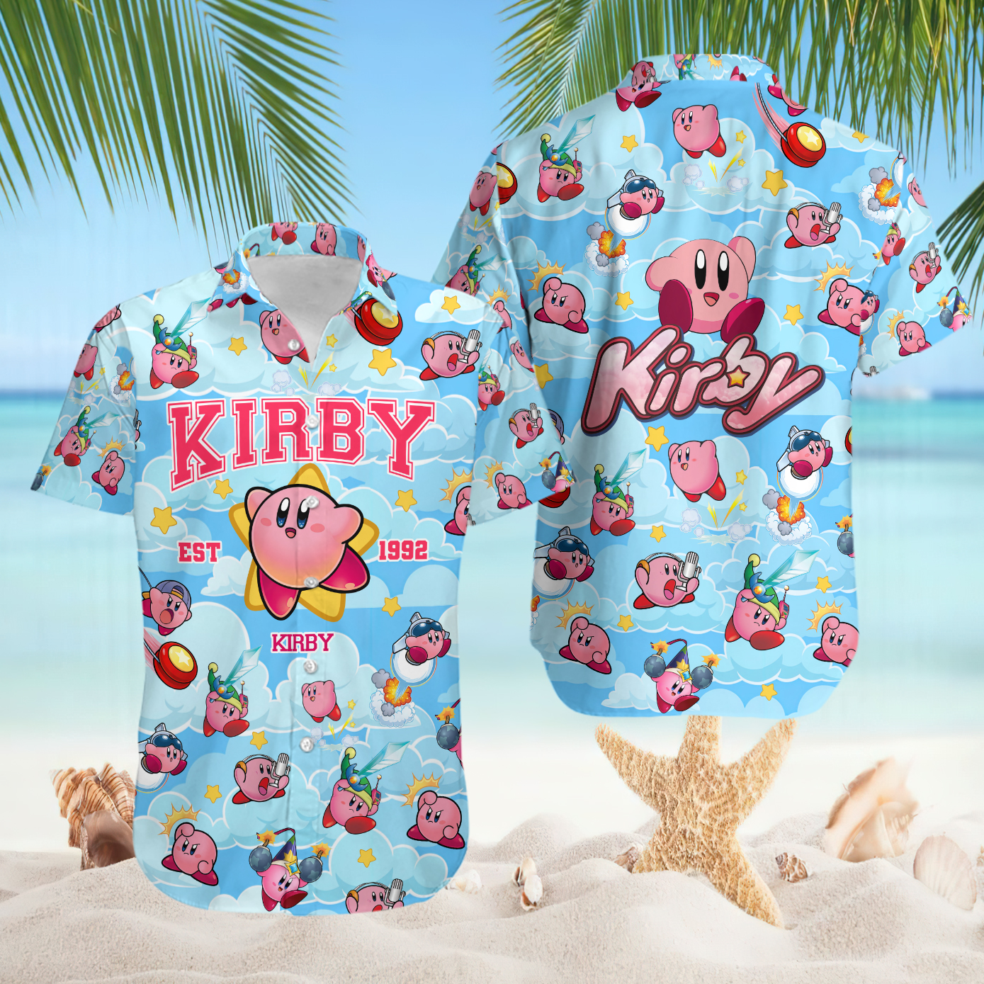 Kirby Dream Land Adventure Cloud Pattern Hawaiian Shirt
