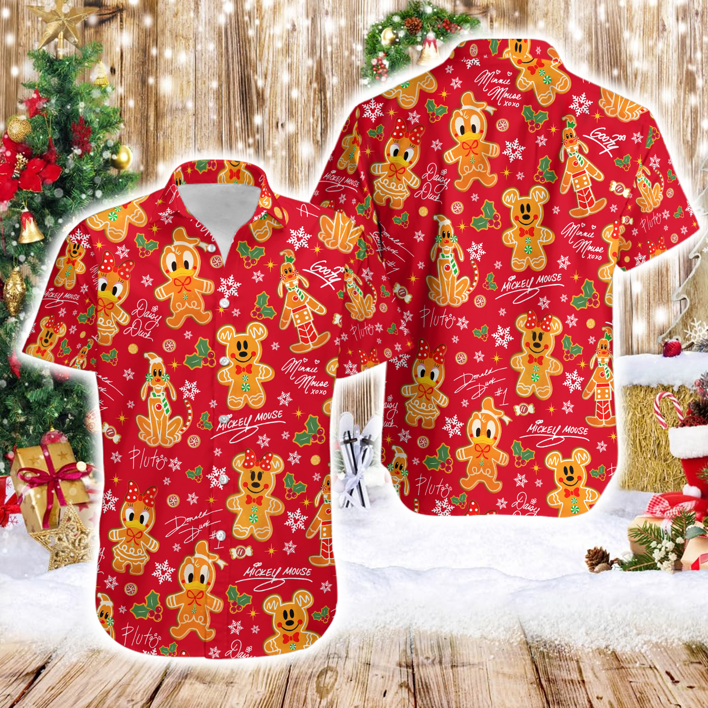 Mickey Minnie Donald Goofy Pluto Disney Gingerbread Cookie Xmas Theme Hawaiian Shirt