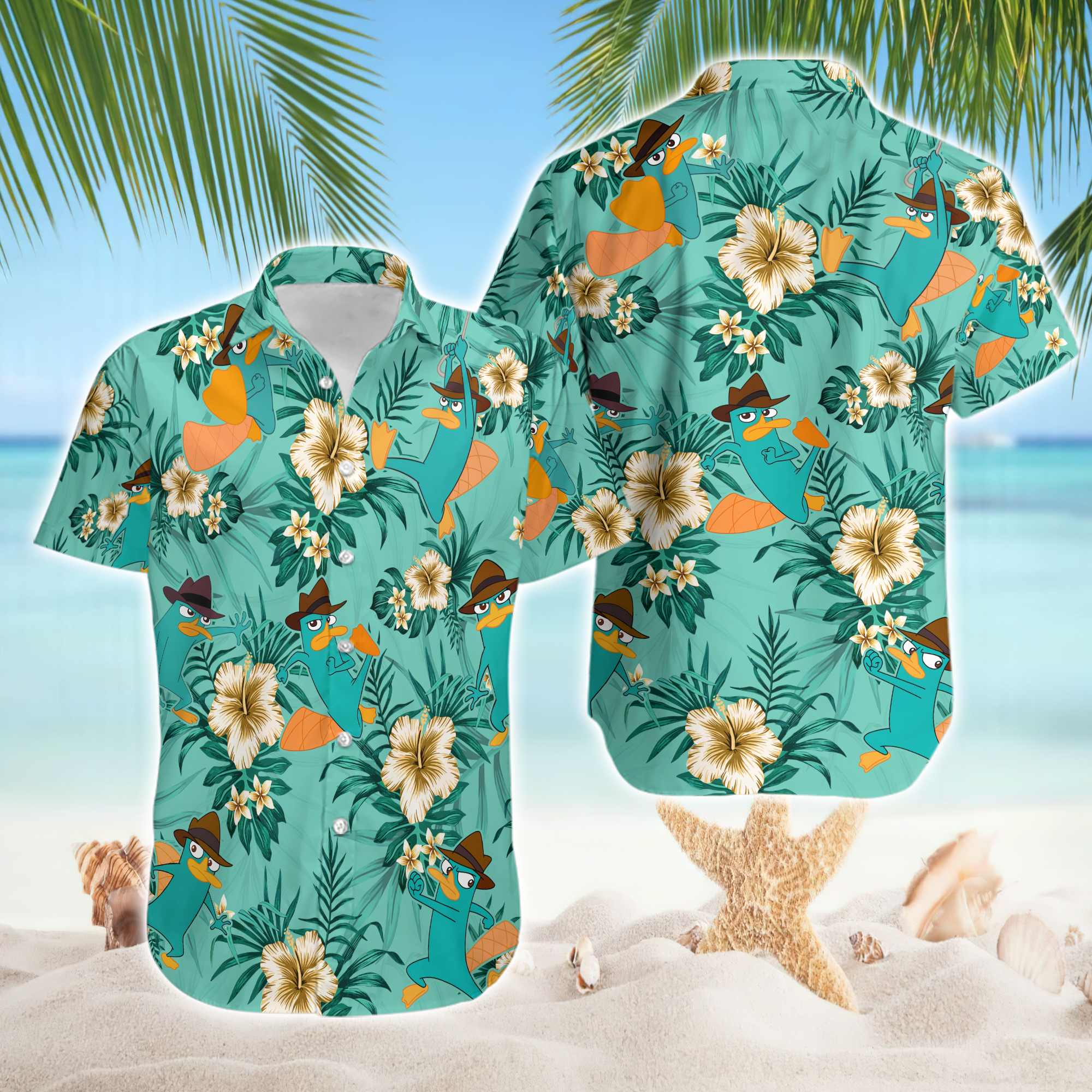 Perry The Platypus Phineas And Ferb Secret Agent Tropical Floral Hawaiian Shirt