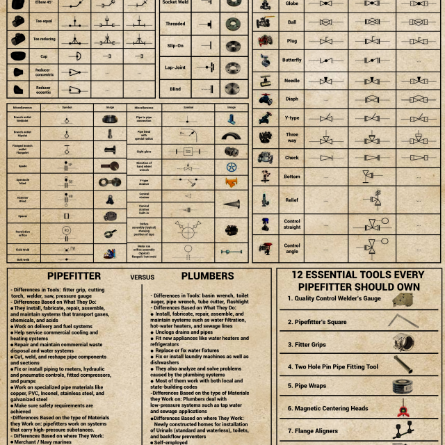 Pipefitter Knowledge Poster Pipe Fittings Flanges Valves Symbols Tools Comparison Guide Wall Art