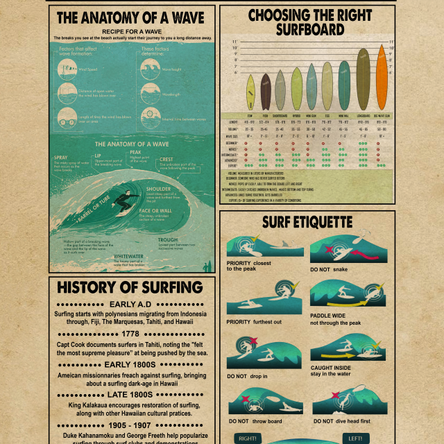 Surfing Knowledge Poster Wave Anatomy Surfboard Guide Surf Etiquette History Wall Art