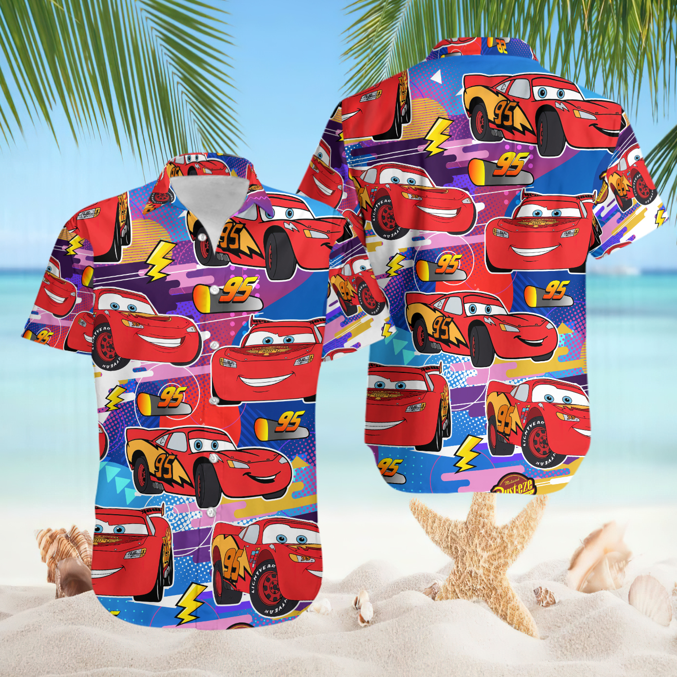 Vibrant Lightning McQueen Disney Cars Speedster Tropical Theme Hawaiian Shirt