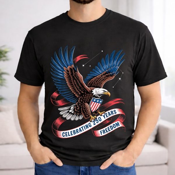 Patriotic American Eagle Graphic Tee - Celebrating 250 Years of Freedom