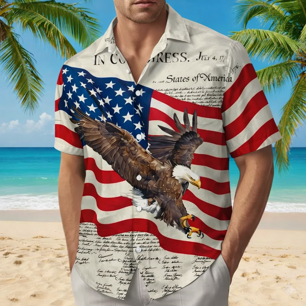 Declaration of Independence Hawaiian Shirt, America Flag 250th Anniversary Outfit, Patriotic Gift, Bald Eagle Shirt, Gift for Veteran